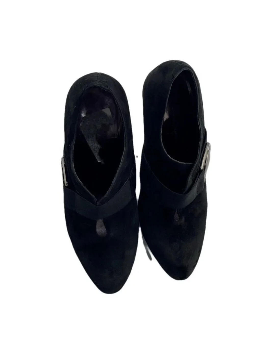 JESSICA SIMPSON Black Suede Heeled Booties With Large Buckle Accent